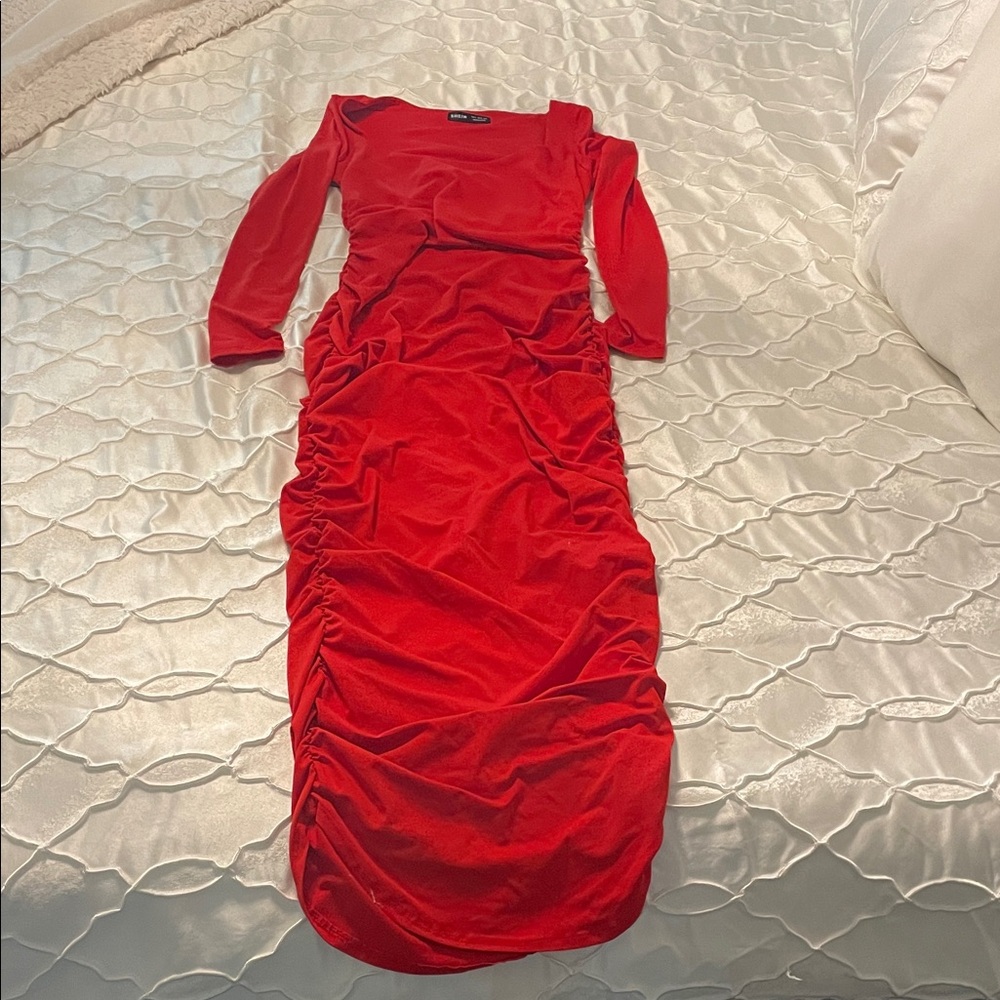 SHEIN Red Ruched Long Sleeve Bodycon Dress